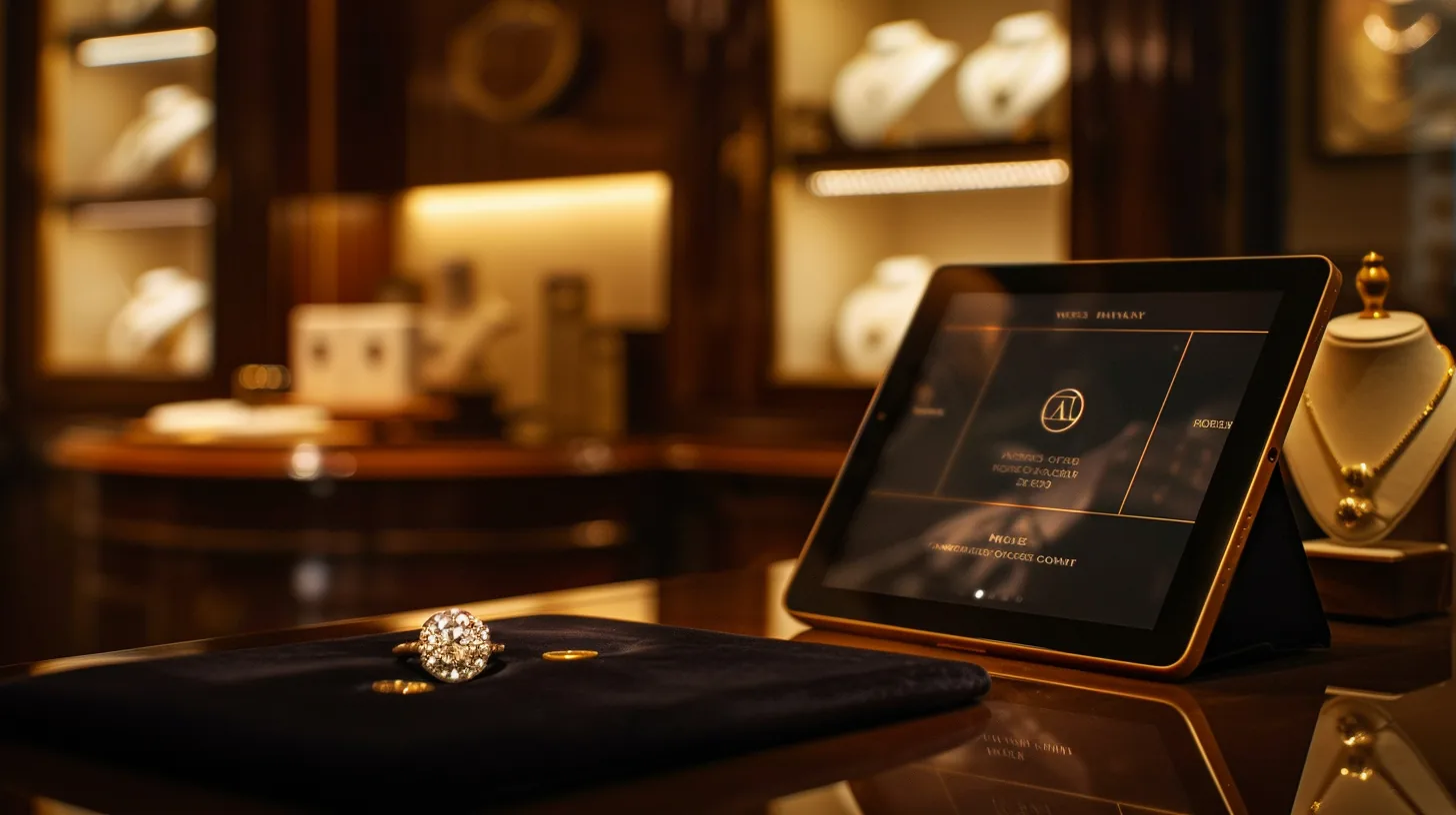 Branded jewelry catalog displayed on a tablet during a client presentation under the jeweler store name
